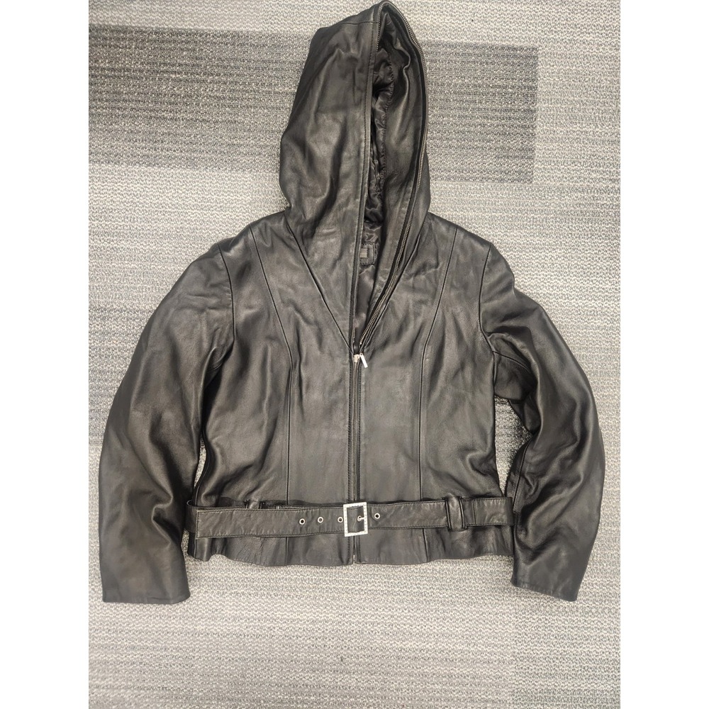 Vintage Wilsons Black‎ Leather Hooded Lined Rhinestone Belt Moto Jacket Large